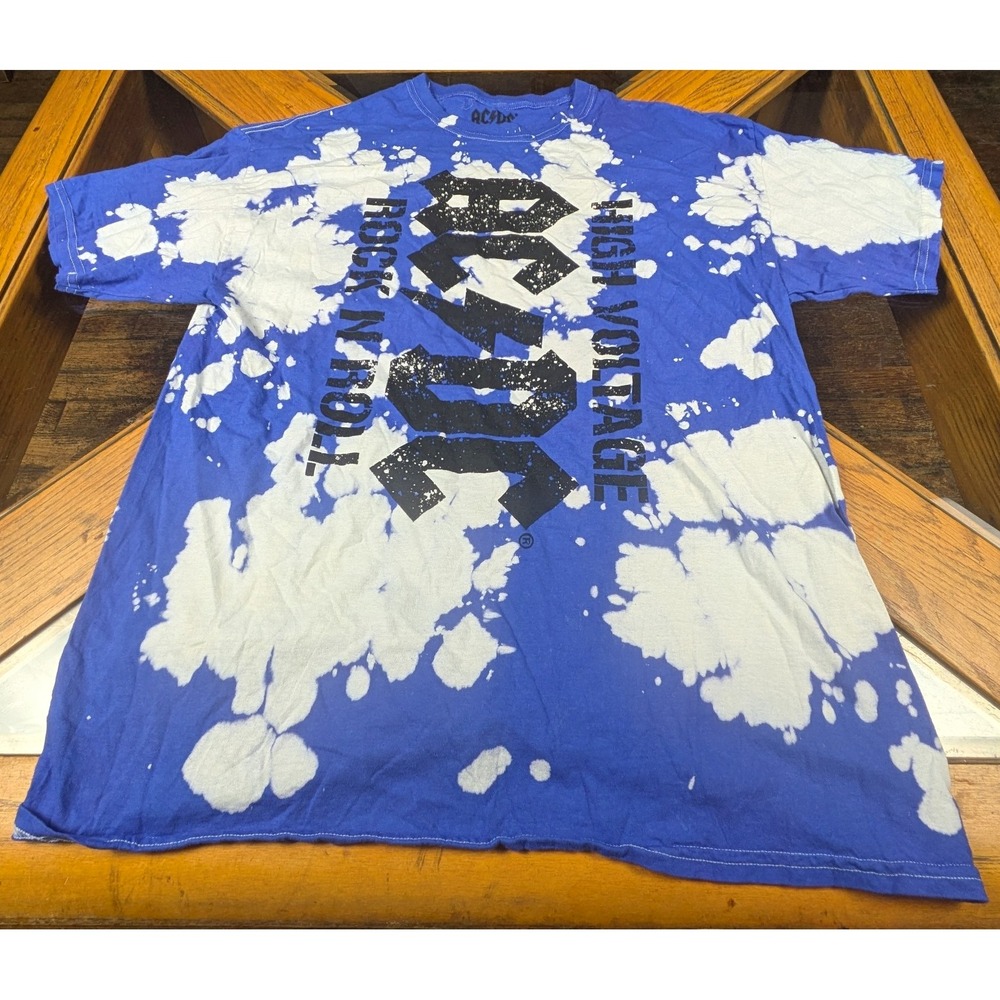 AC/DC High Voltage Rock N Roll Blue Tie Dye Bleach Graphic T-Shirt Size L/G